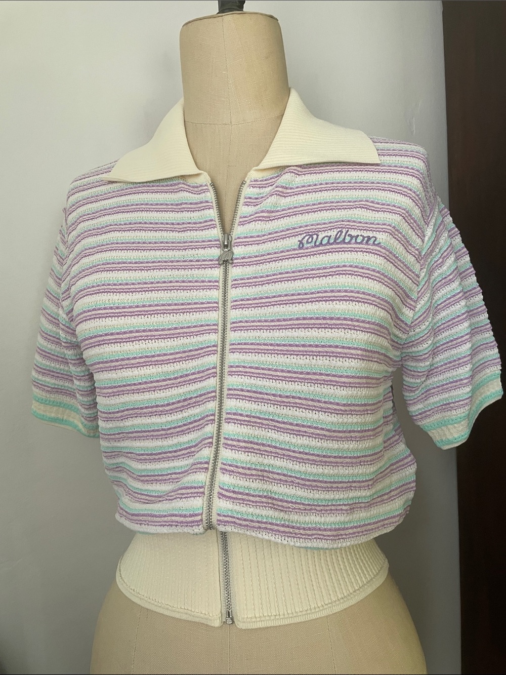 Malbon preserve collection Striped Pastel Zip-Front Knit Top - Cream Collar
